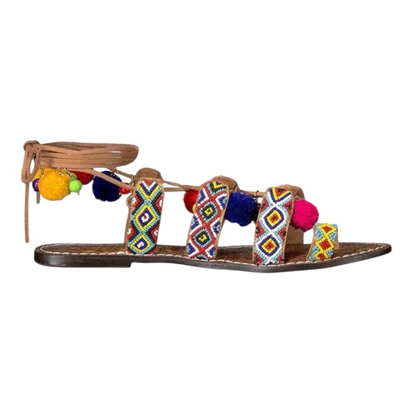 Sam Edelman Lisabeth Lace Up Beaded Pompom Colorful Summer Spring - Picture 5 of 6